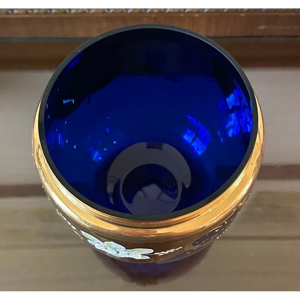 VTG Egermann Bohemian/Czech Cobalt Blue Vase Gold Gilded Enameled 3D Flowers 6.5